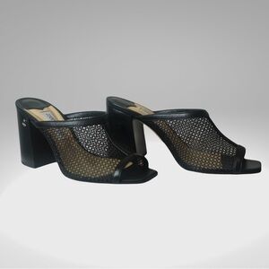 JIMMY CHOO Joud 85 Black Leather Trimmed Honeycomb Mesh Mules Block Heel Sandals